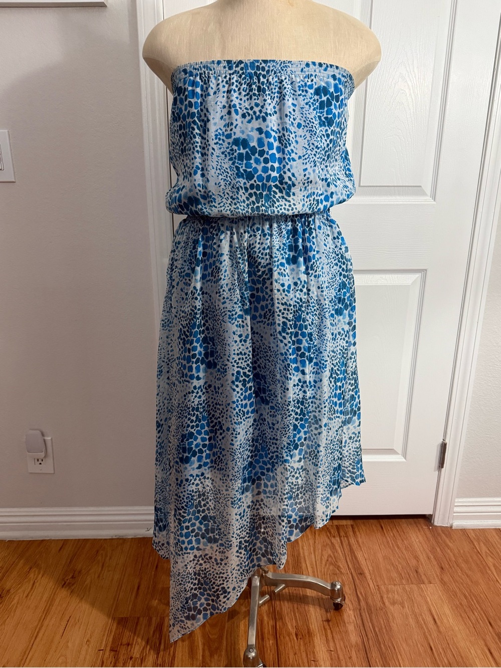 Express Blue and White Strapless Printed Asymmetric Dress